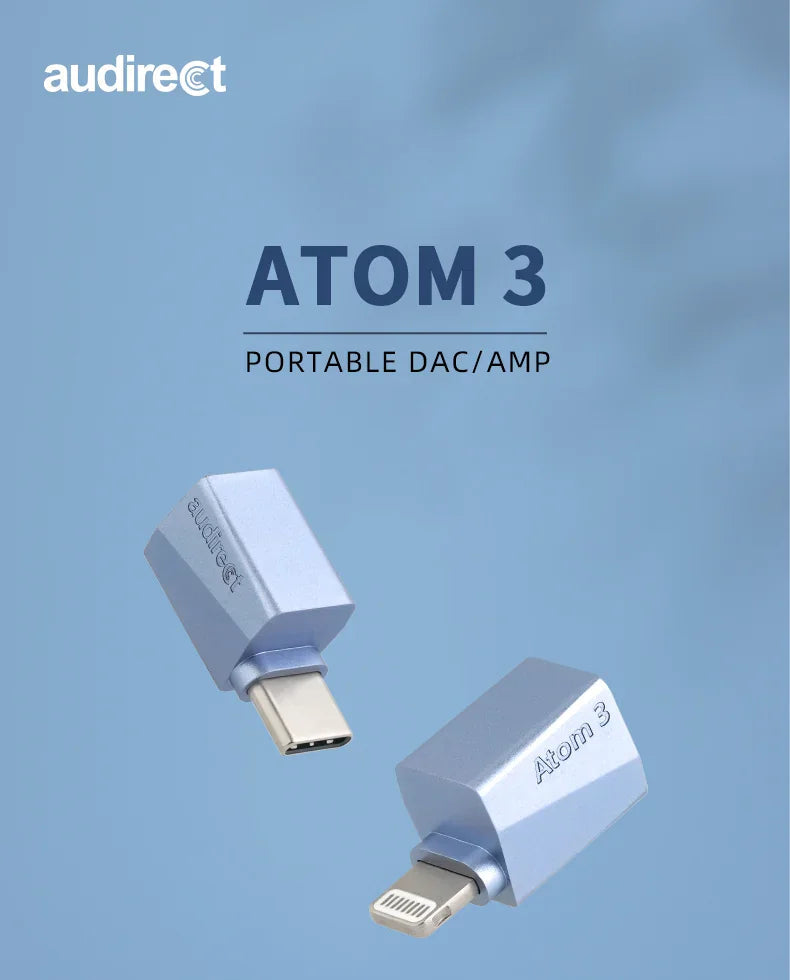 Audirect Atom 3 MQA DSD DAC Adapter Amplifier for iPhone Lightning Android Type C Smartphone with 3.5mm Plug